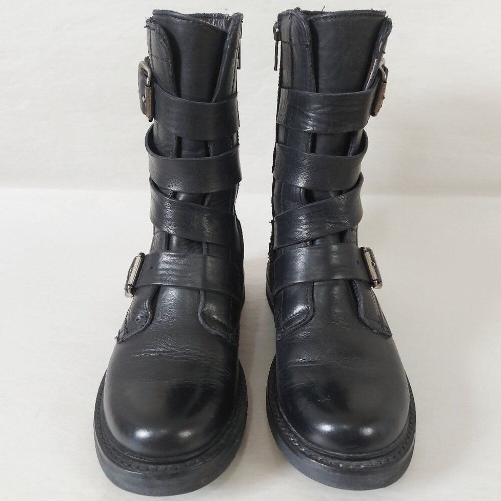 Frye Women Veronica Tanker Moto Buckle Biker Black Leather Boots Combat 5.5 B